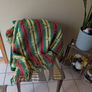 Handmade Crochet Throw Blanket Afghan – Orange Yellow Green Striped w/ Fringe